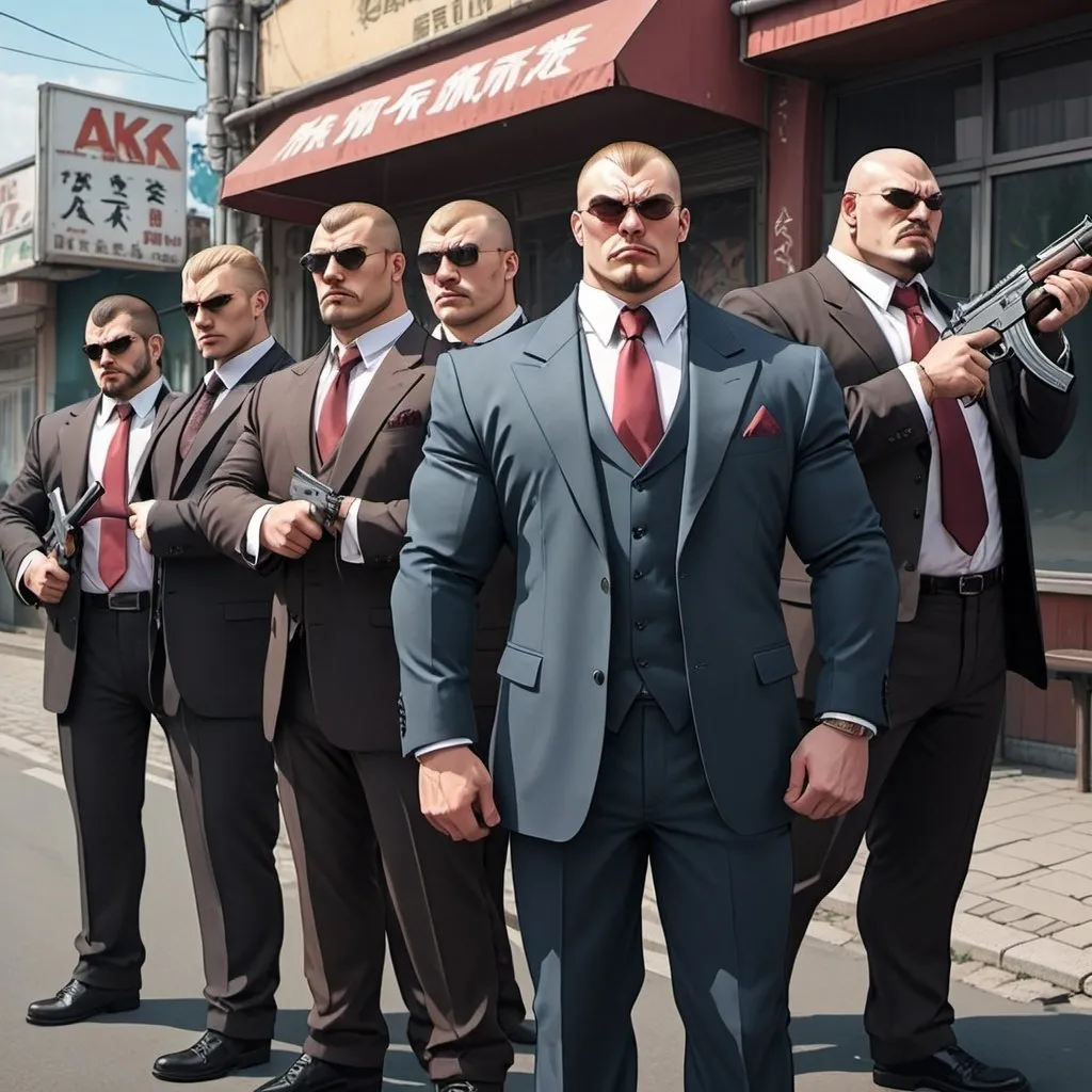 Prompt: Ghibli 2D anime style. A group of large muscular Russian mafia. All wear suits. Armed with AK-47 rifles. Daytime outside of a strip club. 