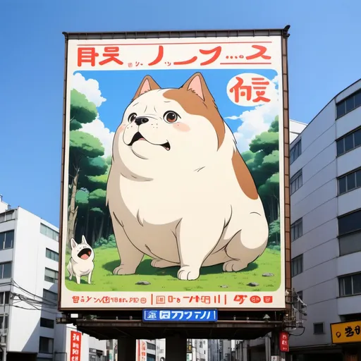 Prompt: Ghibli 2D anime style. Japanese billboard advertisement. Dog farts.