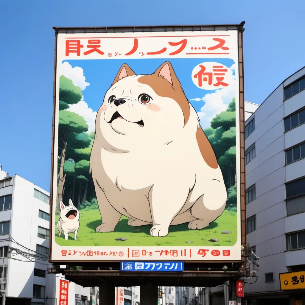 Prompt: Ghibli 2D anime style. Japanese billboard advertisement. Dog farts.