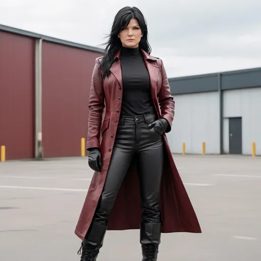 Prompt: Crimson leather long coat. Black leather shirt, pants. Gina Carano with long black hair with bangs. tall combat boots, gloves. Standing in a parking lot outside a modern warehouse building. 2d studio Ghibli anime style.