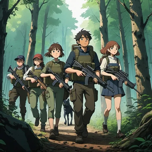 Prompt: Ghibli 2D anime style. A squad of men and women armed with assault rifles in a woods.
