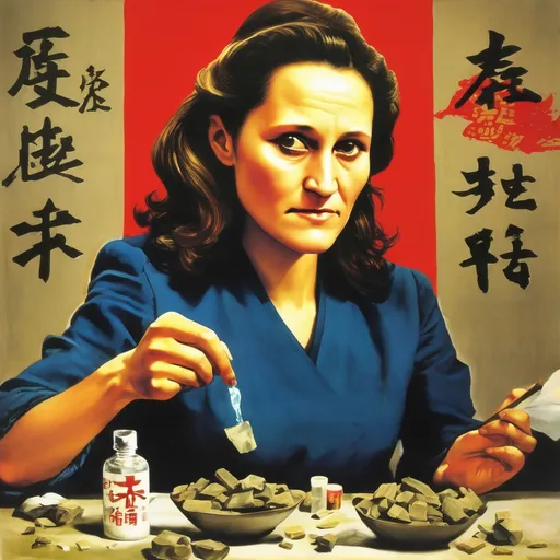 Prompt: Chinese propaganda poster from the cultural revolution, portrait of Chrystia Freeland taking meth.