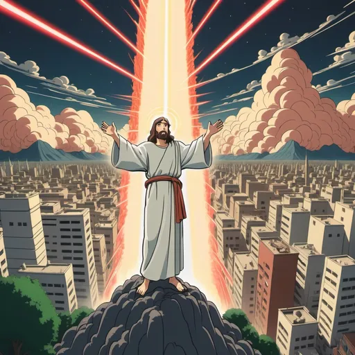 Prompt: Ghibli 2D anime style. 900 ft tall Jesus destroying the city of New Sodom with laser beam eyes.