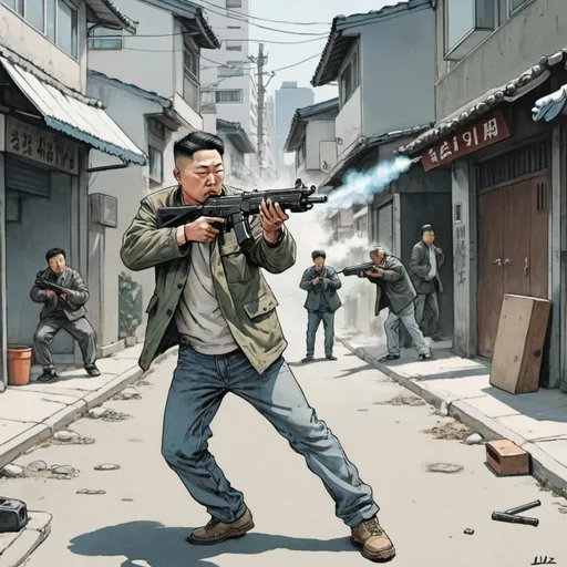 Prompt: Kim Jung Gi style illustration. Man shooting Uzi in the street.