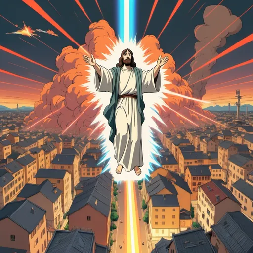 Prompt: Ghibli 2D anime style. 900 ft tall Jesus destroying the city of New Sodom with laser beam. Meme Magic.