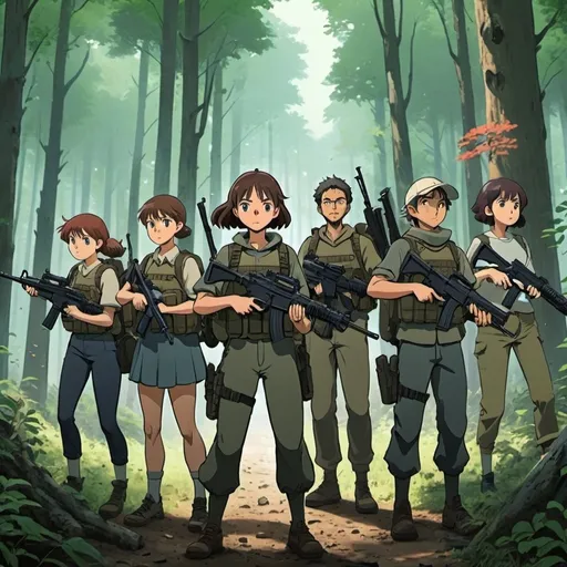 Prompt: Ghibli 2D anime style. A squad of men and women armed with assault rifles in a woods.