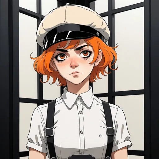 Prompt: Ghibli 2D anime style. A lesbian version of Alex from Clockwork Orange. 