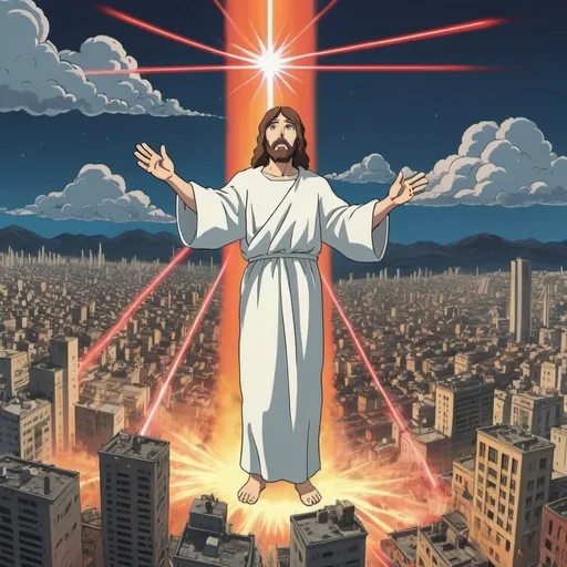 Prompt: Ghibli 2D anime style. 900 ft tall Jesus destroying the city of New Sodom with laser beam eyes.