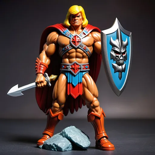 Prompt: Style He-Man action figure. Donald Trump with big sword and shield. 