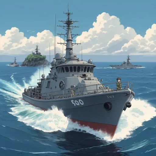 Prompt: Ghibli 2D anime style. A Naval patrol boat shooting at unseen targets.