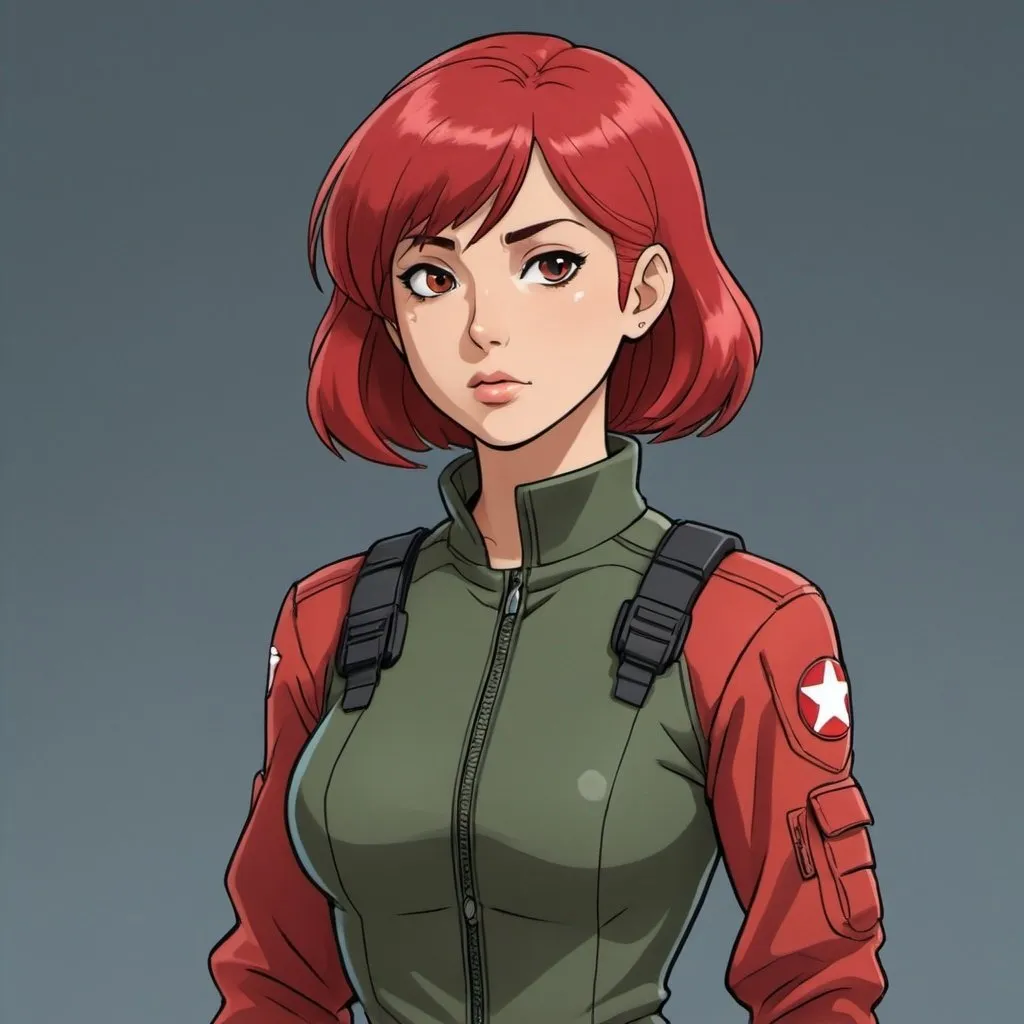 Prompt: Ghibli 2D anime style. Scarlette from G.I Joe, she wears her iconic outfit with bobbed crimson hair. 