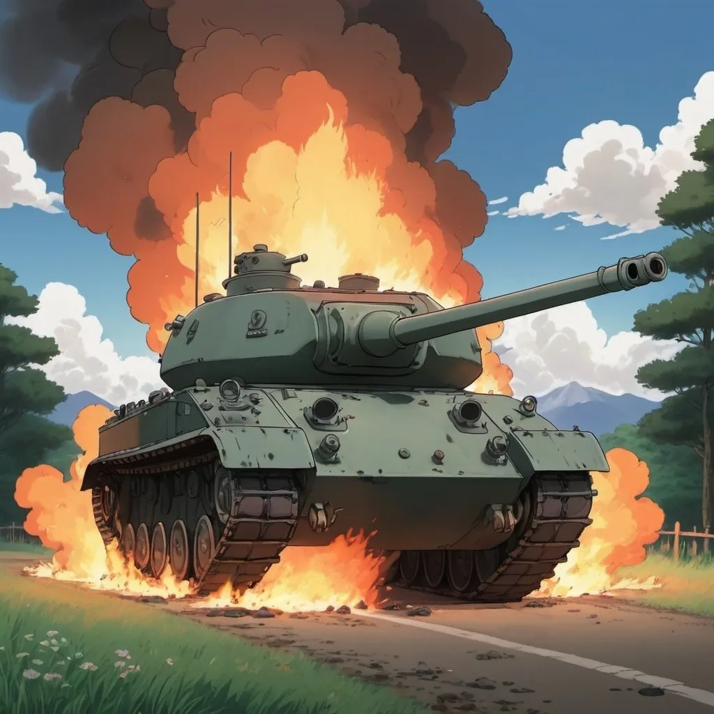 Prompt: Ghibli 2D anime style. A tank on fire from being hit. 