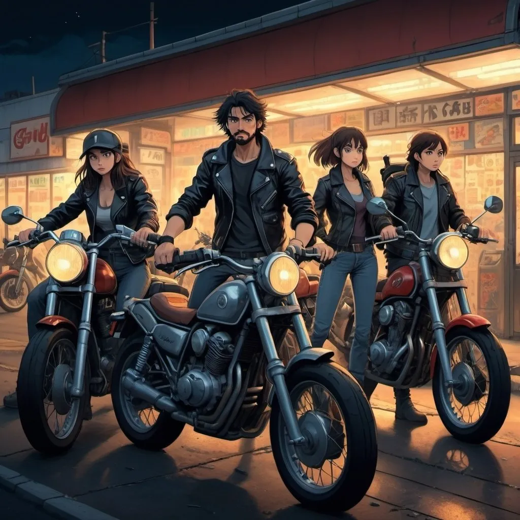 Prompt: Ghibli 2D anime style. A group of Caucasian men and women bikers. all wear a leather jacket. Armed with a variety of weapons. Nighttime outside of a gas station. Parked motorcycles.