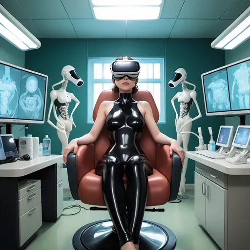 Prompt: Ghibli 2D anime style. A woman wearing a latex bodysuit sits in a dentists chair with VR headset on. Room with many servers and computers. 
