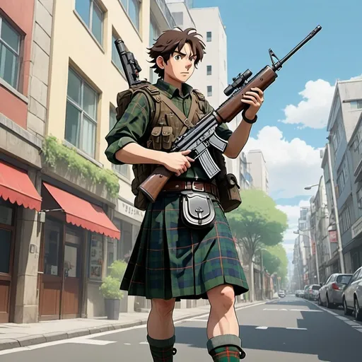 Prompt: Ghibli 2D anime style. A man wearing a Cameron tartan kilt and camo clothing armed with an assault rifle. Daytime in city.