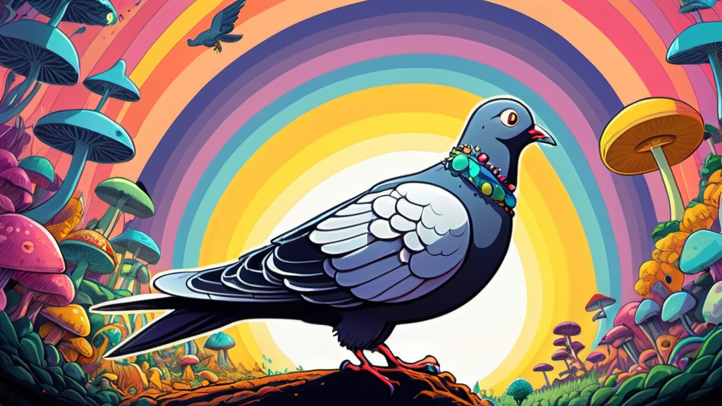 Prompt: Ghibli 2D anime style. A pigeon that is guiding you through an acid trip. psychedelic. magic mushrooms. yellow submarine.