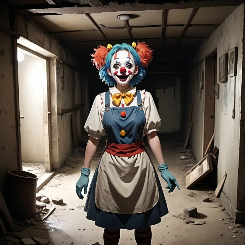 Prompt: Ghibli 2D anime style. A female clown wearing a heavy rubber apron and long gloves. Dilapidated basement.