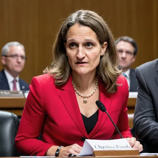 Prompt: A feral Chrystia Freeland high on Pervatin trying to be a finance minister.