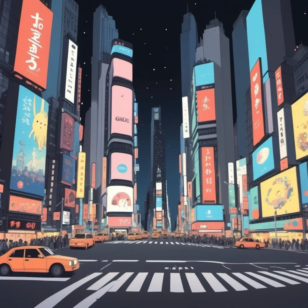 Prompt: Ghibli 2D anime style. Times Square at night.