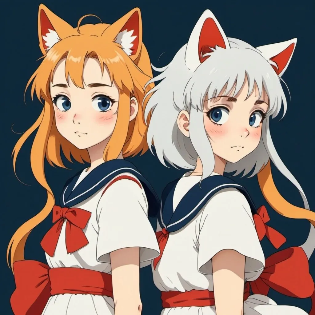 Studio Ghibli 2D anime style. Sailor Kitsune Girls