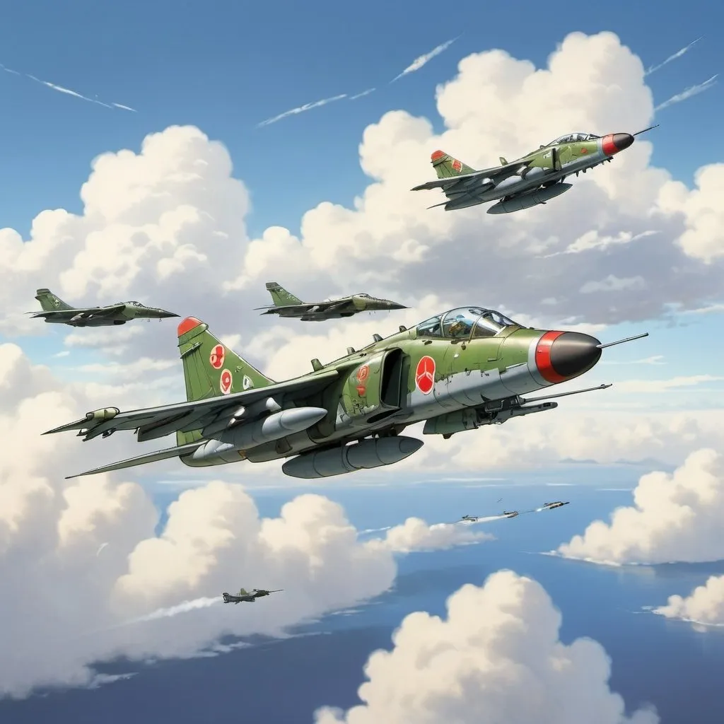 Prompt: Ghibli 2D anime style. A Su-25 making a strafing run on ground targets.