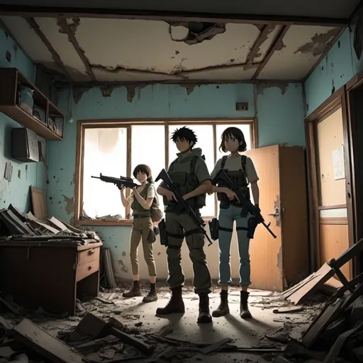 Prompt: Ghibli 2D anime style. A man and woman armed with assault rifles in a dilapidated apartment. 