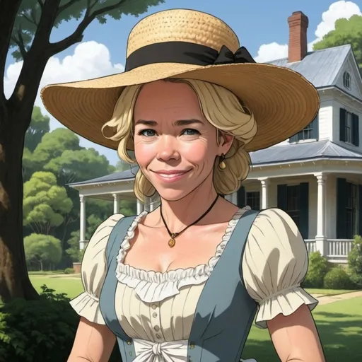 Prompt: Ghibli 2D anime style. Chelsea Handler as a southern belle plantation owner. "You have to vote Democrat, you are Black!"