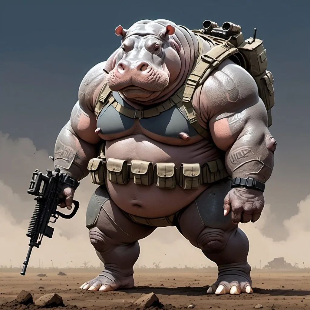 Prompt: Ghibli 2D anime style. a 7 foot large male Hippo-Humanoid with a big muscular body and big legs, wearing plate carrier armed with a belt fed M60 machinegun. dirt ground with a sky background.