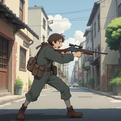 Prompt: Studio Ghibli 2D anime style. Puritan militiaman shooting Uzi in the street.