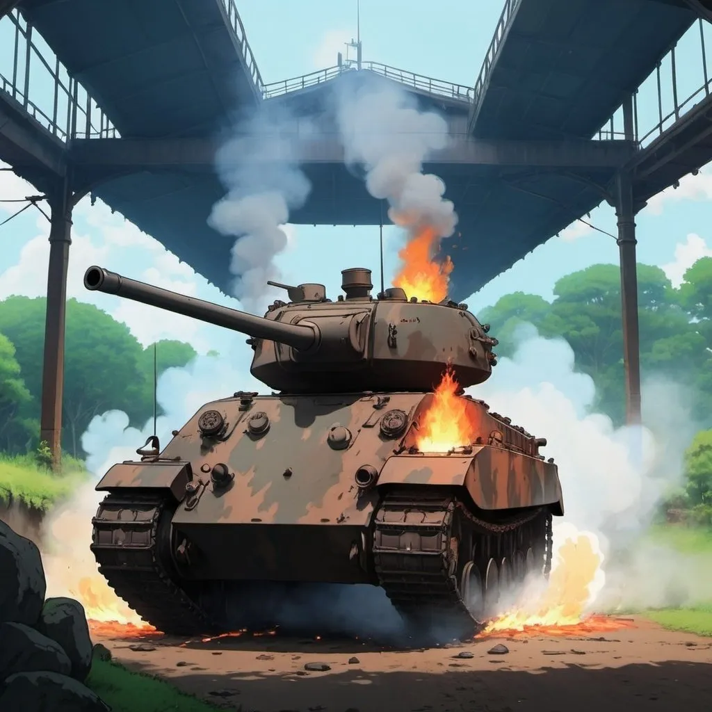 Prompt: Ghibli 2D anime style. A tank on fire from being hit. 