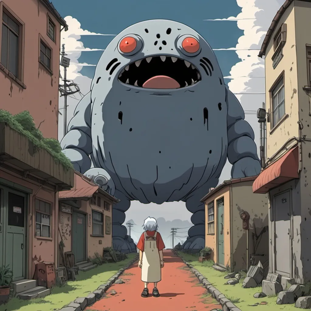 Prompt: Ghibli 2D anime style. Apocalypse. Kilroy was here!