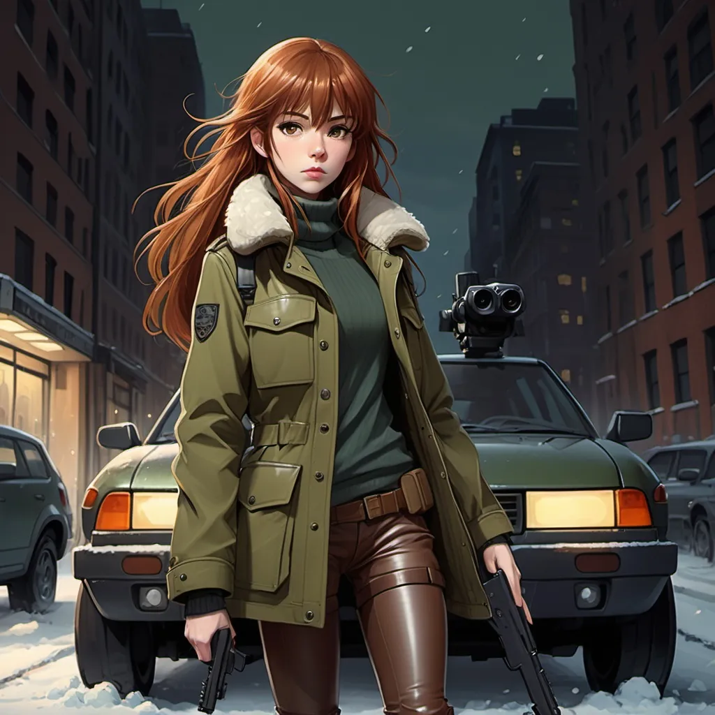 Prompt: Ghibli 2D anime style. Female Division agent. Long auburn hair with bangs. leather leggings, tall combat boots. M65 olive drab jacket. armed with an uzi. taking cover beside car. night. NYC. Winter.