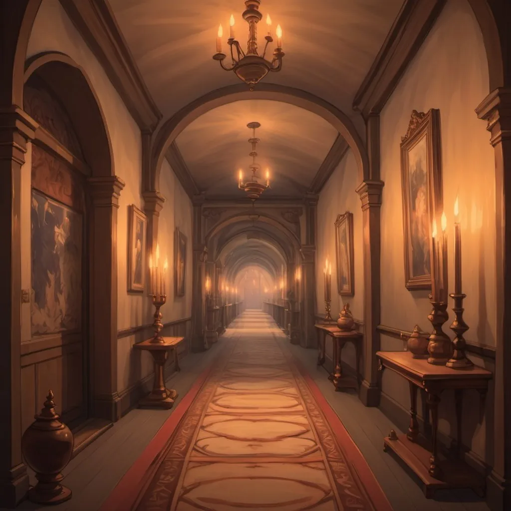 Prompt: Ghibli 2D anime style. A castle hallway, Illuminated by candles. Opulent furnishings, artwork.