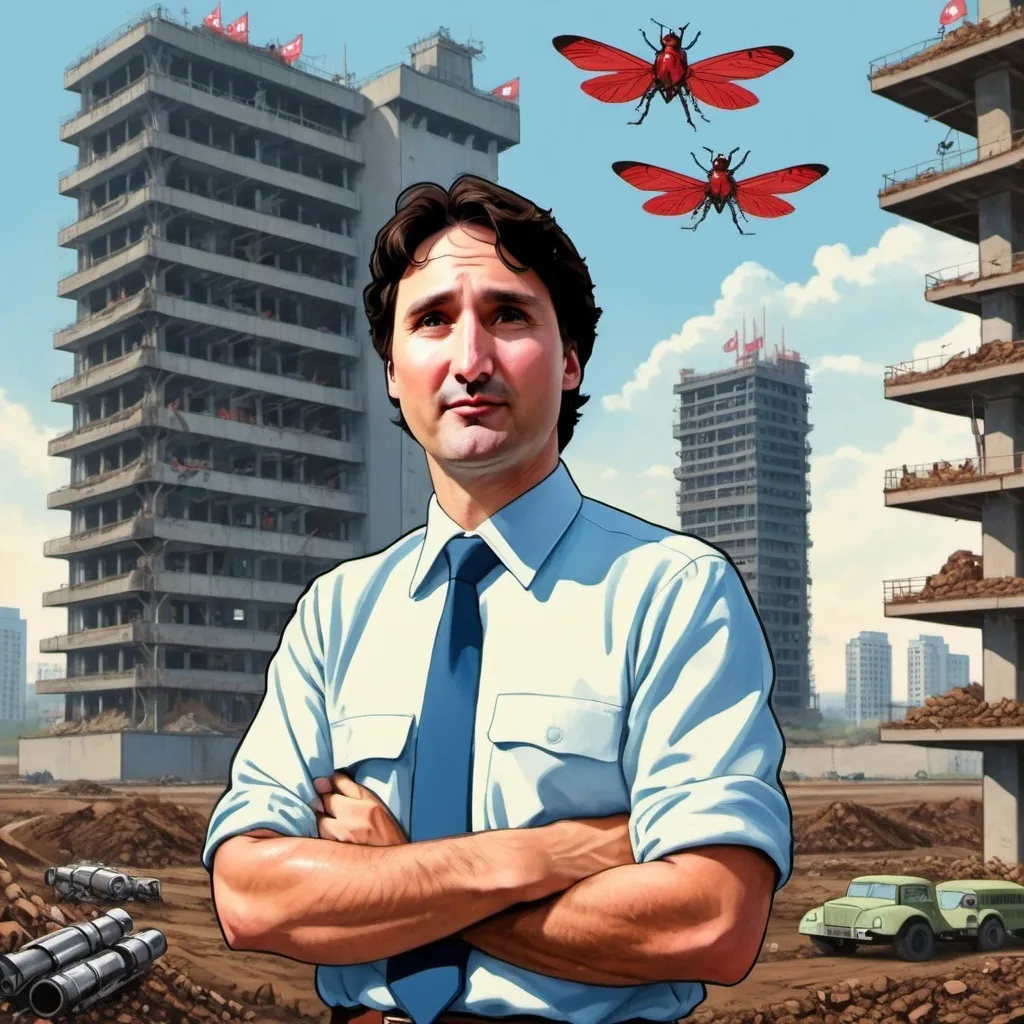 Prompt: Justin Trudeau depicted over seeing the building of a bug factory. North Korean style propaganda poster.  