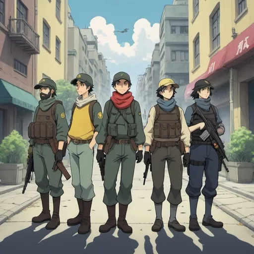 Prompt: Ghibli 2D anime style. A squad of Anarcho-Capitalist militia in a city.