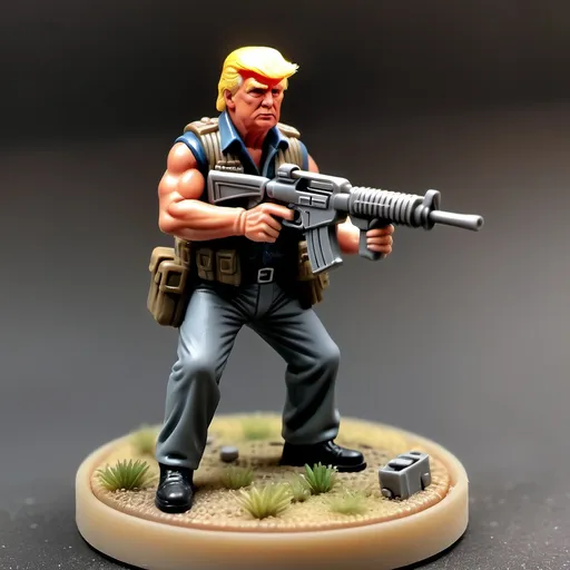 Prompt: Style 28mm table top gaming miniature. Donald Trump in Rambo garb, shooting a big machine gun.