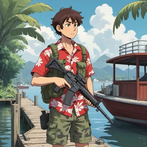 Prompt: Ghibli 2D anime style. A man wearing a red Hawaiian shirt and camo clothing armed with an assault rifle. Daytime at a boat dock.