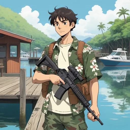 Prompt: Ghibli 2D anime style. A man wearing a Hawaiian shirt and camo clothing armed with an assault rifle. Daytime at a boat dock.