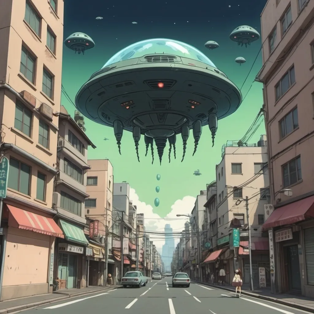 Prompt: An alien invasion in a city.  Ghibli 2D anime style.
