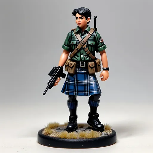 Prompt: Style 28mm table top gaming miniature. A young man wearing a Blackwatch tartan kilt and camo shirt. Black hair. armed with an assault rifle.