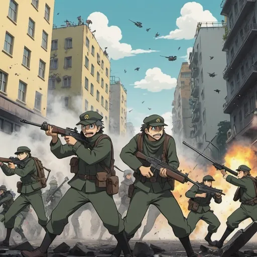 Prompt: Ghibli 2D anime style. A squad of Anarcho-Capitalist militia attacking enemies in a city.