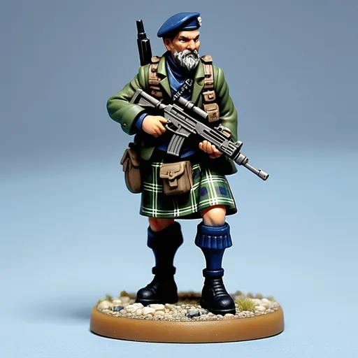 Prompt: Style 28mm table top gaming miniature. A man wearing a Blackwatch tartan kilt and camo clothing armed with an assault rifle.