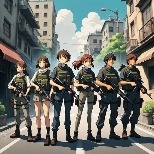 Prompt: Ghibli 2D anime style. A squad of men and women armed with assault rifles in a city.