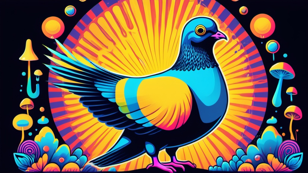 Prompt: A pigeon that is guiding you through an acid trip. psychedelic. magic mushrooms. yellow submarine.