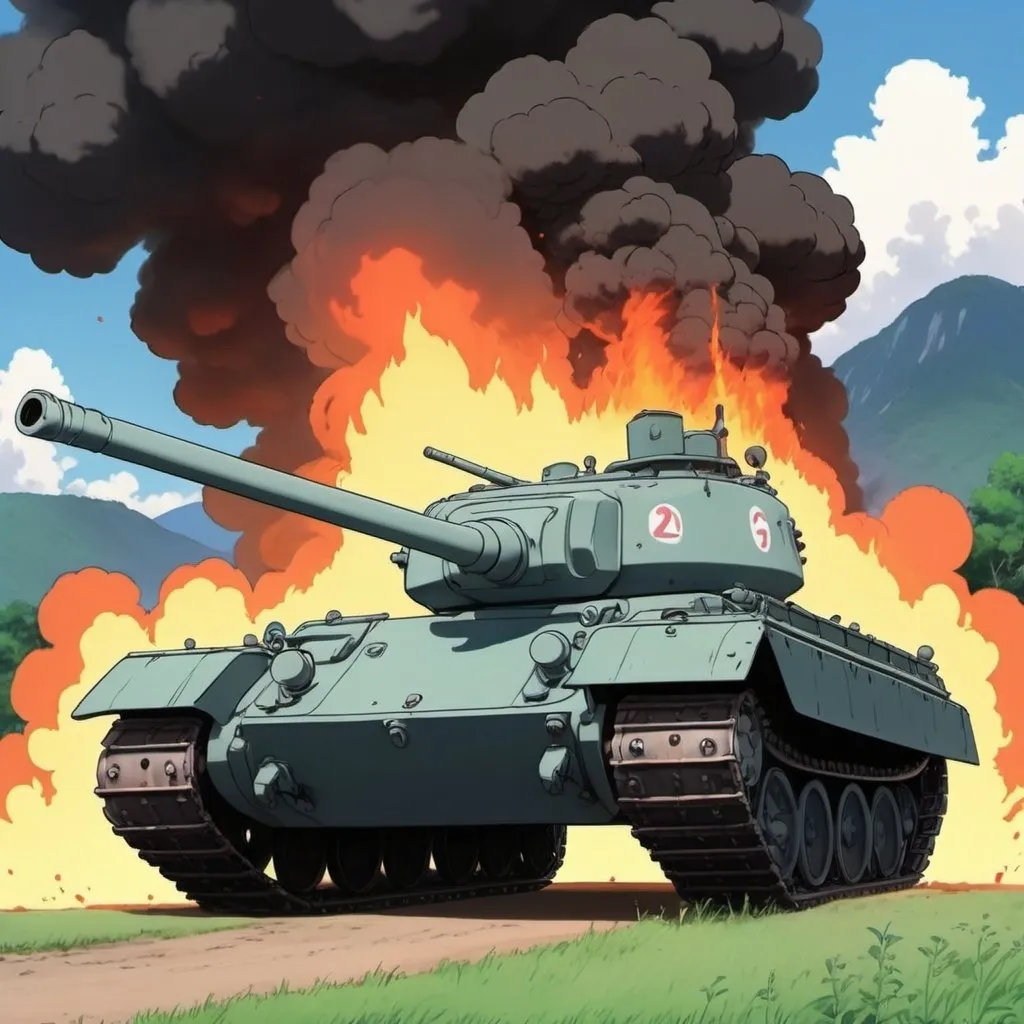 Prompt: Ghibli 2D anime style. A tank on fire from being hit. 