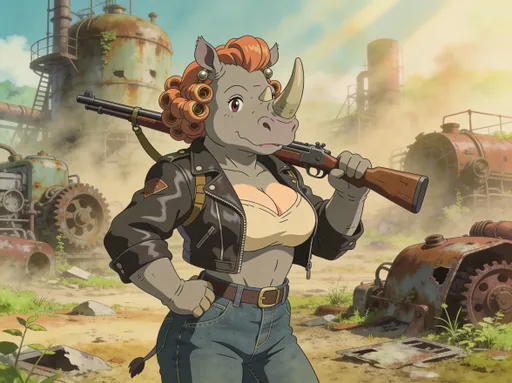 Prompt: Ghibli anime style, colored line drawing. Post apocalyptic wasteland. Post apocalyptic wasteland. Anthropomorphic large busty female Rhino. Rockabilly style. Auburn wig. armed with Shotgun. 