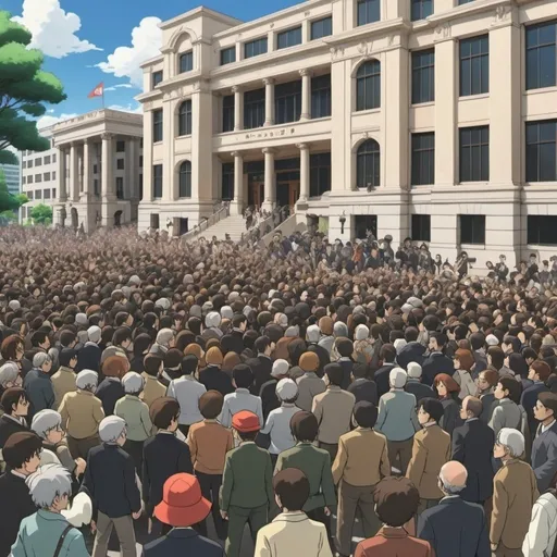 Prompt: Ghibli 2D anime style. A massive riot outside a courthouse. 