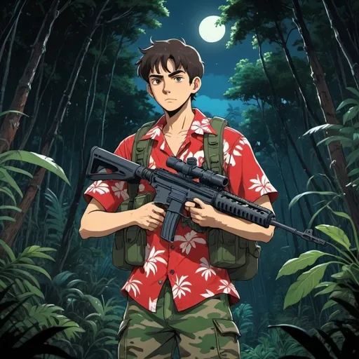 Prompt: Ghibli 2D anime style. A man wearing a red Hawaiian shirt and camo clothing armed with an assault rifle. Nighttime in a jungle