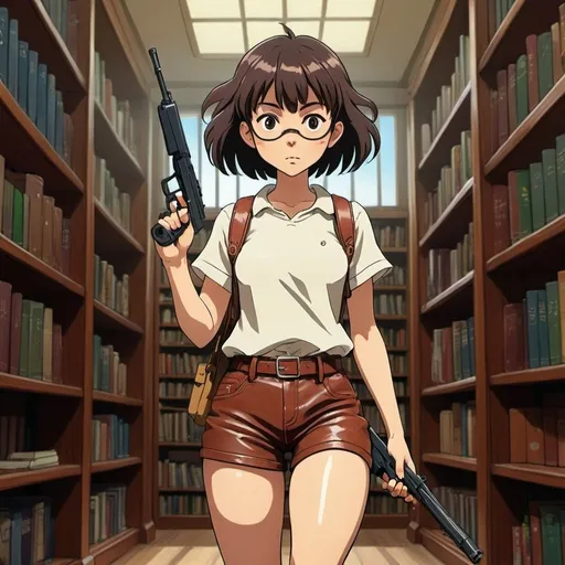 Prompt: Studio Ghibli 2D anime style. 

armed with an uzi a nerdy female with bobbed hair and bangs. Leather shorts in a library, fighting off drug addicts.