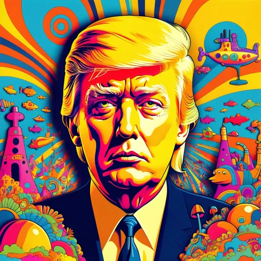 Prompt: Trump. psychedelic 60's illustration style. Yellow submarine animation.